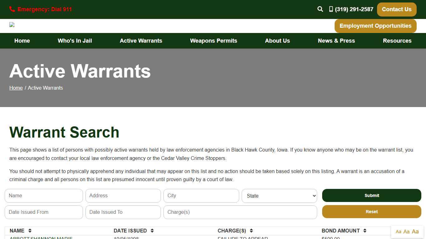 Active Warrants | Black Hawk County Sheriff's Office